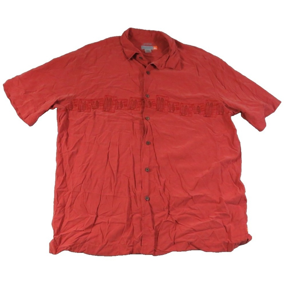 Quiksilver Men XL Comfort Fit Shirt Surfboard Schematic Embroidered Rayon Red SS